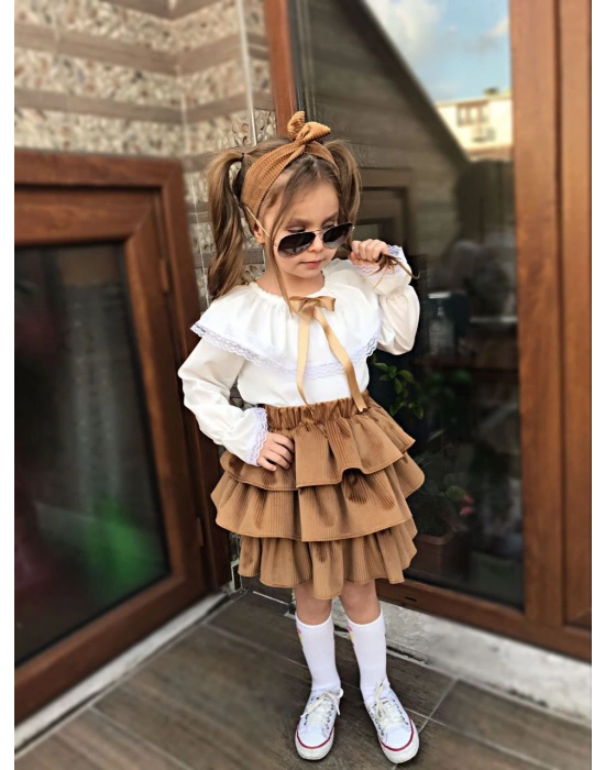 Kız Çocuk Uzun Kol Gömlek Fırfırlı Kadıfe Etek Bandana Takım