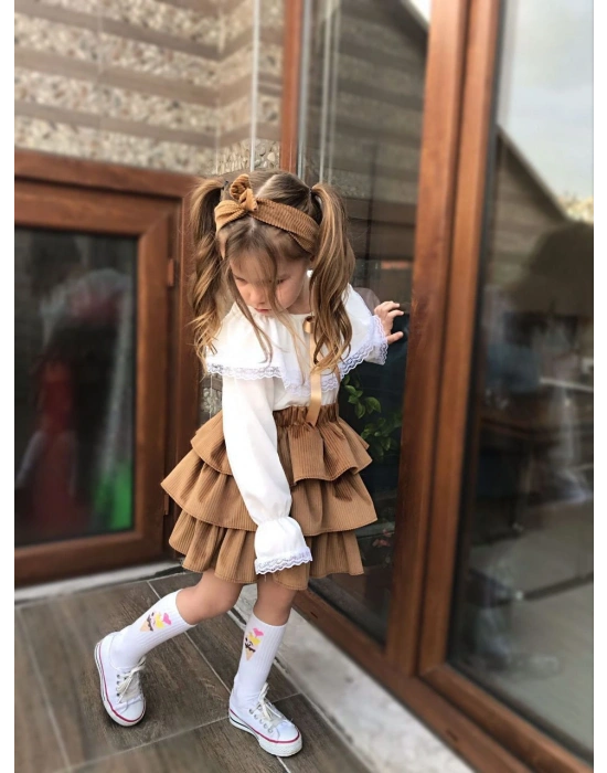 Kız Çocuk Uzun Kol Gömlek Fırfırlı Kadıfe Etek Bandana Takım