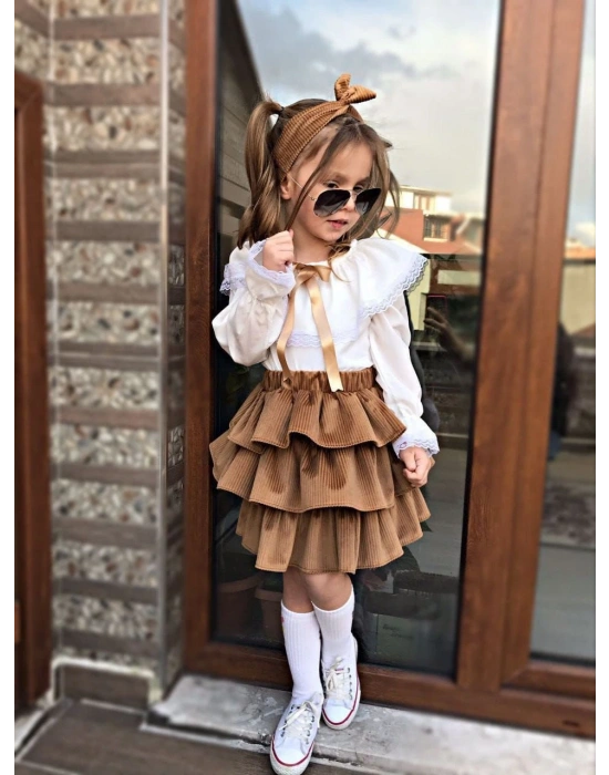 Kız Çocuk Uzun Kol Gömlek Fırfırlı Kadıfe Etek Bandana Takım