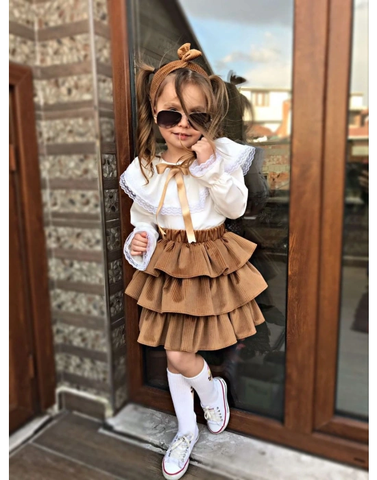 Kız Çocuk Uzun Kol Gömlek Fırfırlı Kadıfe Etek Bandana Takım