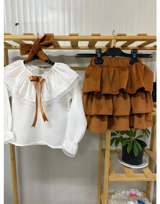 Kız Çocuk Uzun Kol Gömlek Fırfırlı Kadıfe Etek Bandana Takım