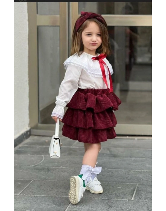 Kız Çocuk Uzun Kol Gömlek Fırfırlı Kadıfe Etek Bandana Takım Bordo