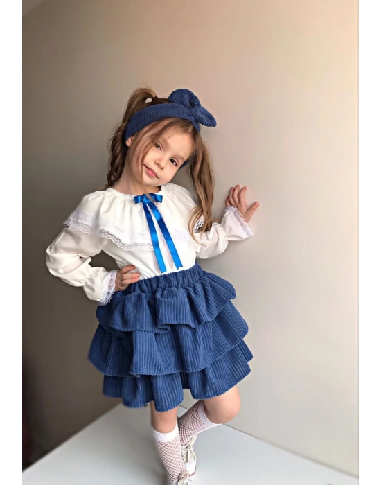 Kız Çocuk Uzun Kol Gömlek Fırfırlı Kadıfe Etek Bandana Takım Mavi