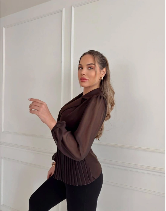 KURVAZE KESİM YANDAN PİLELİ ŞİFON KOLLU TEK DÜĞME GÖMLEK