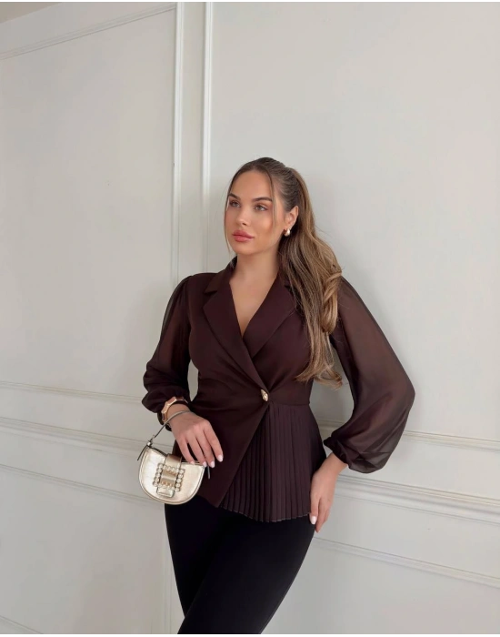 KURVAZE KESİM YANDAN PİLELİ ŞİFON KOLLU TEK DÜĞME GÖMLEK