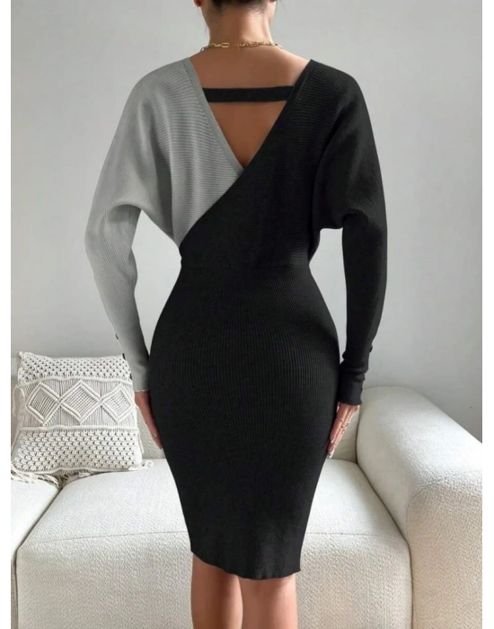 Kurvaze Yaka Bel Toka Detaylı Çift Renk Elbise