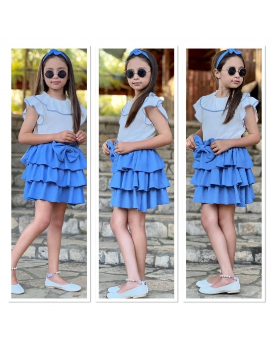 Mavi Fırfırlı Etek Şal Yaka Gömlek Bandana Kız Çocuk Takım