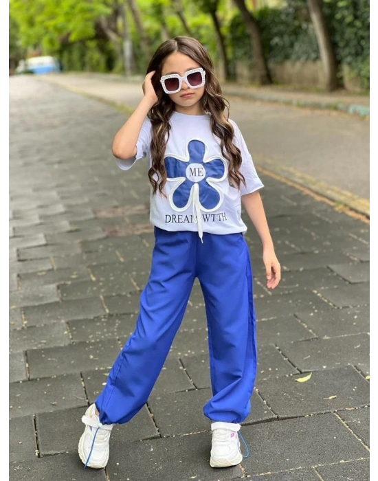 Mavi Paça Lastikli Bol Kesim Keten Pantolon Çiçek Nakışlı Pamuk Penye T-Shırt