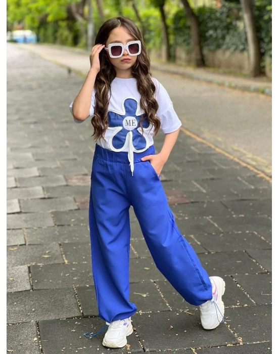 Mavi Paça Lastikli Bol Kesim Keten Pantolon Çiçek Nakışlı Pamuk Penye T-Shırt