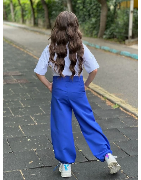 Mavi Paça Lastikli Bol Kesim Keten Pantolon Çiçek Nakışlı Pamuk Penye T-Shırt