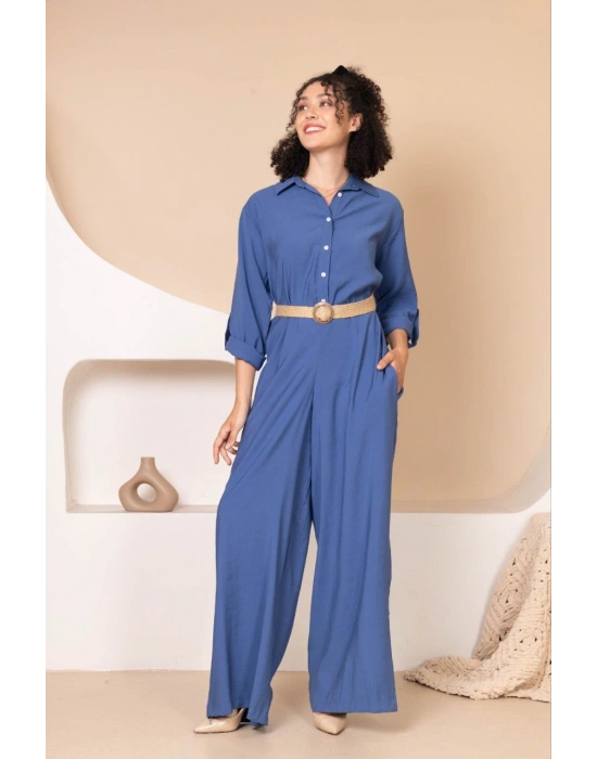 Müslin Rahat Kalıp Oversize Kadın Tulum İndigo