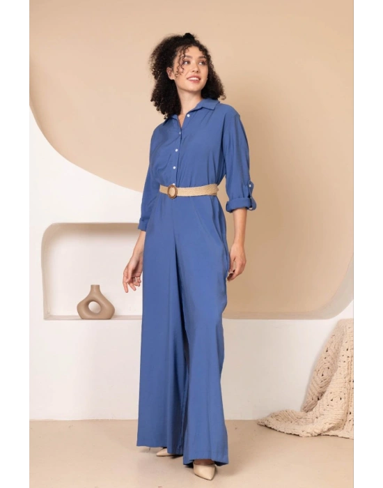 Müslin Rahat Kalıp Oversize Kadın Tulum İndigo
