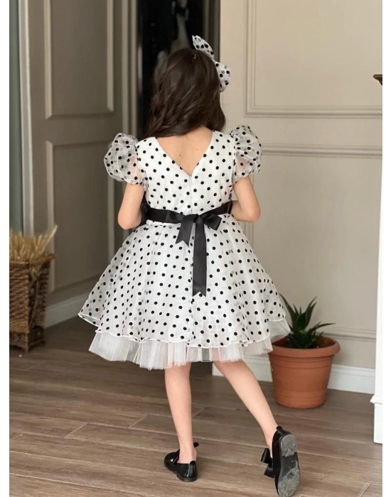 Puantiyeli Organze Balon Kol Kabarık Kız Çocuk Elbise