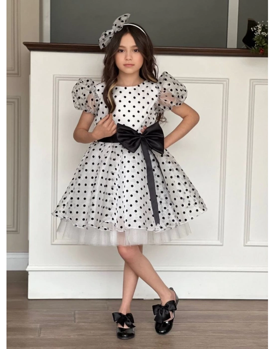 Puantiyeli Organze Balon Kol Kabarık Kız Çocuk Elbise