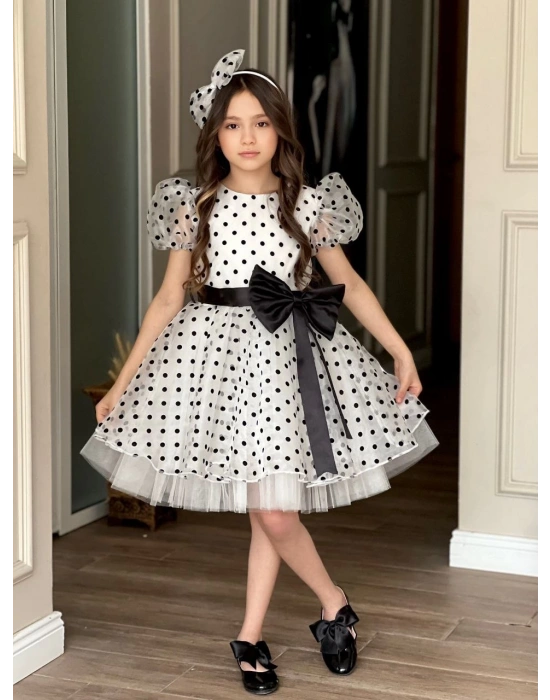 Puantiyeli Organze Balon Kol Kabarık Kız Çocuk Elbise