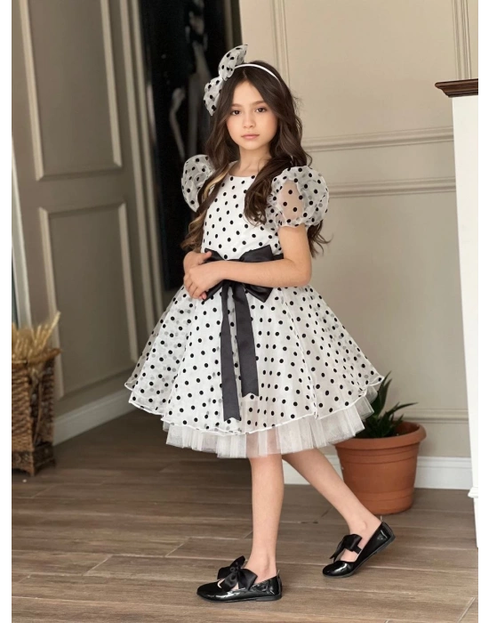 Puantiyeli Organze Balon Kol Kabarık Kız Çocuk Elbise