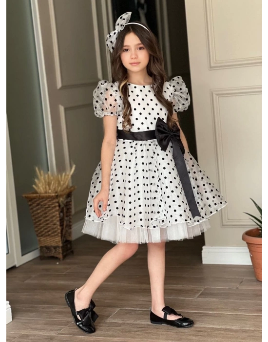 Puantiyeli Organze Balon Kol Kabarık Kız Çocuk Elbise