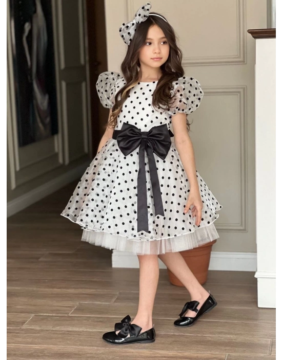 Puantiyeli Organze Balon Kol Kabarık Kız Çocuk Elbise