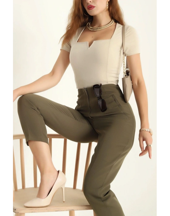 Sandy V Yaka Detaylı Yarım Kol Kadın Bluz