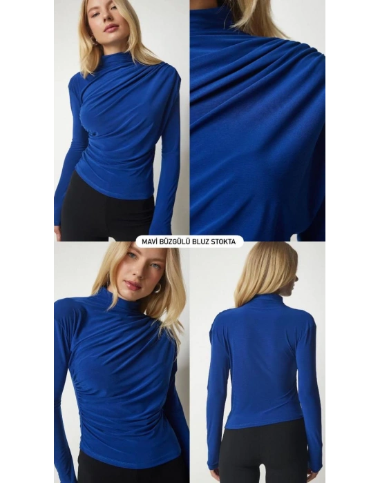 Sandy Yanları Büzgülü Balıkçı Yaka Bluz Mavi