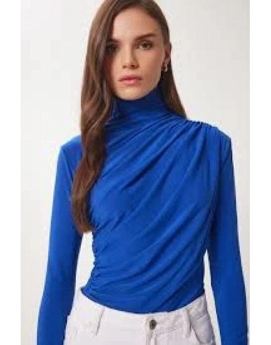 Sandy Yanları Büzgülü Balıkçı Yaka Bluz Mavi