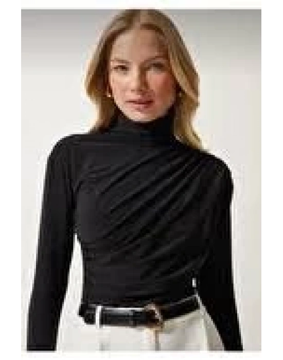 Sandy Yanları Büzgülü Balıkçı Yaka Bluz Siyah