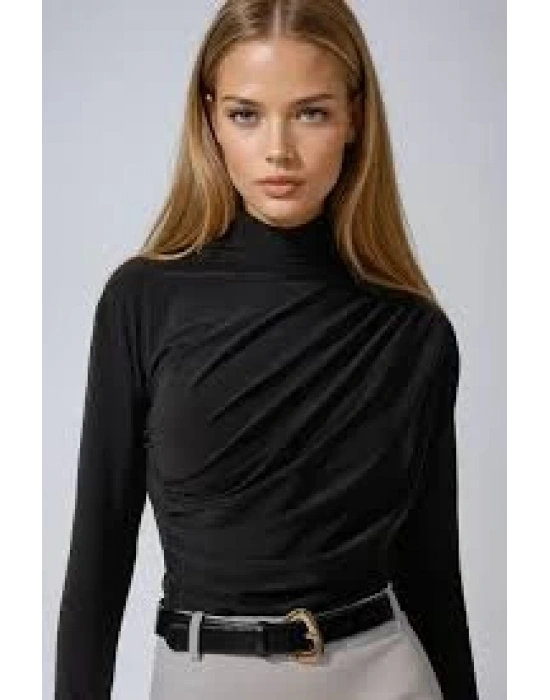 Sandy Yanları Büzgülü Balıkçı Yaka Bluz Siyah