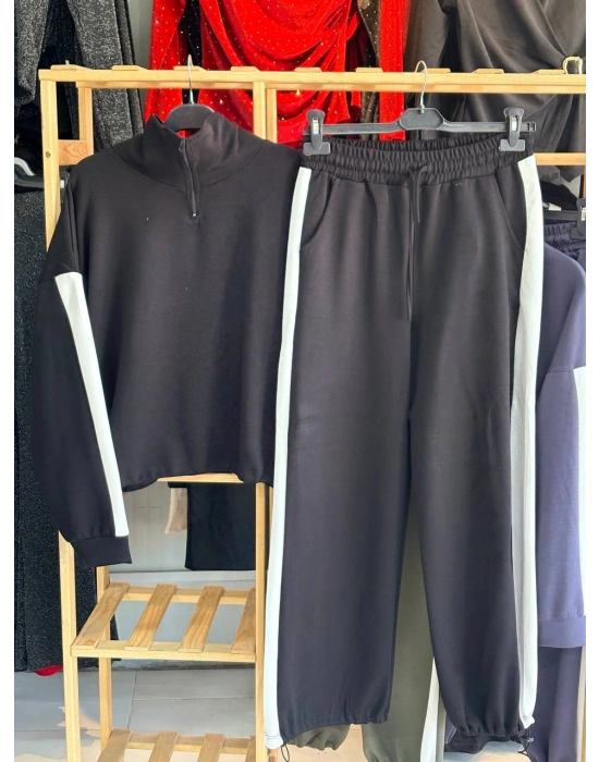 ŞERİT DETAYLI YARIM FERMUAR BALIKÇI YAKA MANŞET AYARLI LASTİKLİ MODAL TAKIM