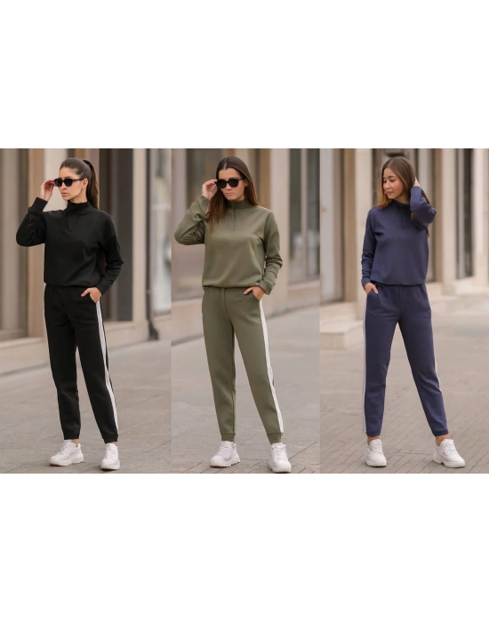 ŞERİT DETAYLI YARIM FERMUAR BALIKÇI YAKA MANŞET AYARLI LASTİKLİ MODAL TAKIM