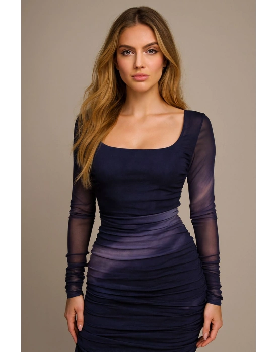 Şifon Kumaş Astarlı Drape Detaylı Elbise