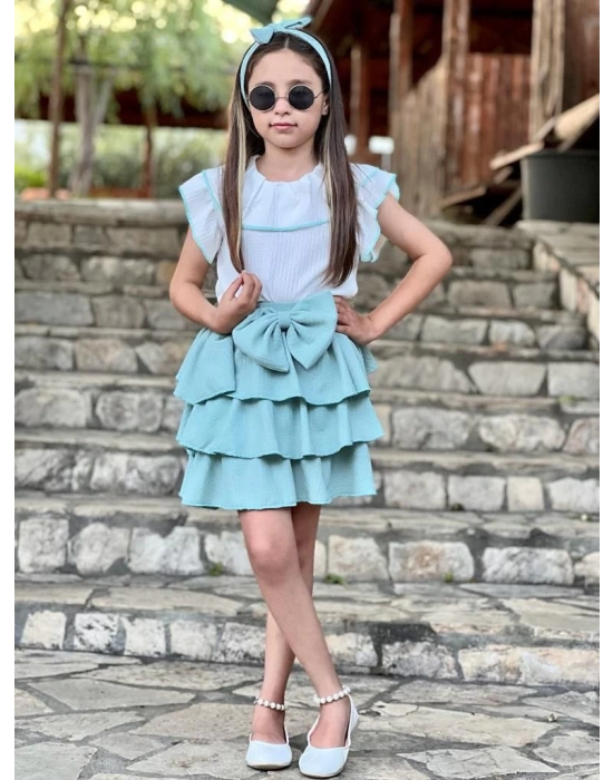 Su Yeşili Fırfırlı Etek Şal Yaka Gömlek Bandana Kız Çocuk Takım