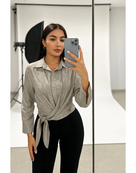 Tensel Kumaş İnci Çakma Detaylı Belden Bağlamalı Kadın Gömlek Gri
