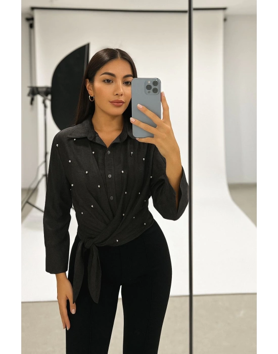 Tensel Kumaş İnci Çakma Detaylı Belden Bağlamalı Kadın Gömlek Siyah