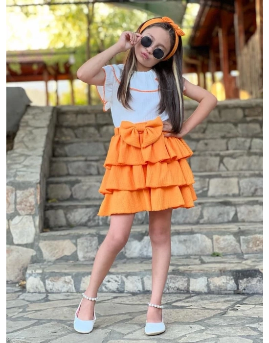 Turuncu Fırfırlı Etek Şal Yaka Gömlek Bandana Kız Çocuk Takım
