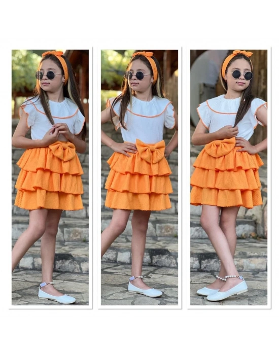 Turuncu Fırfırlı Etek Şal Yaka Gömlek Bandana Kız Çocuk Takım