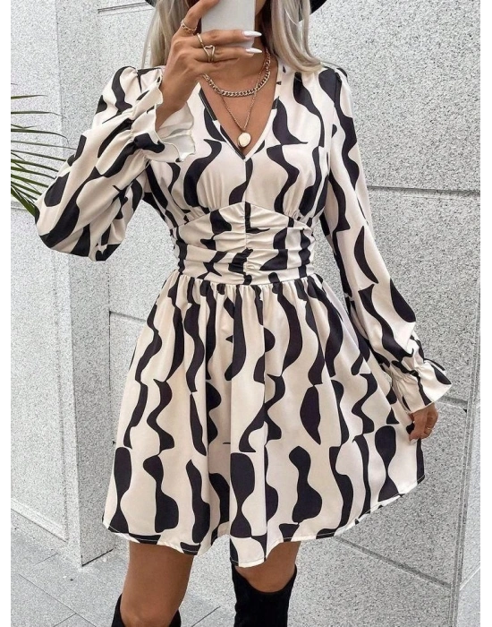 Uzun Kol Belden Lastikli Kloş Keşim Mikro Elbise