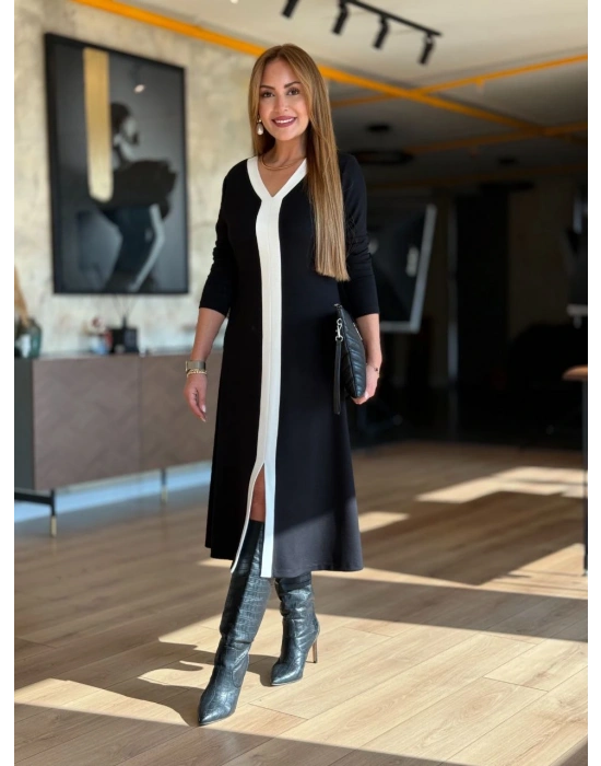 V YAKA GARNİLİ MODAL KUMAŞ ELBİSE