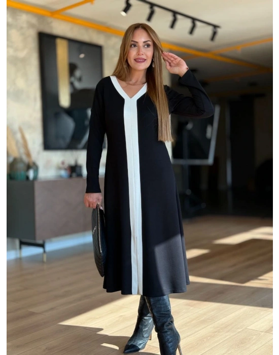 V YAKA GARNİLİ MODAL KUMAŞ ELBİSE