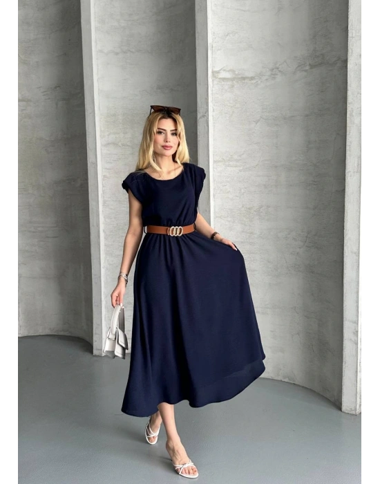 Vatkalı Aerobin Kumaş Cepli Kemerli Elbise Lacivert