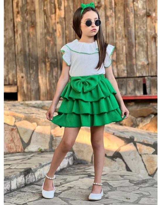 Yeşil Fırfırlı Etek Şal Yaka Gömlek Bandana Kız Çocuk Takım
