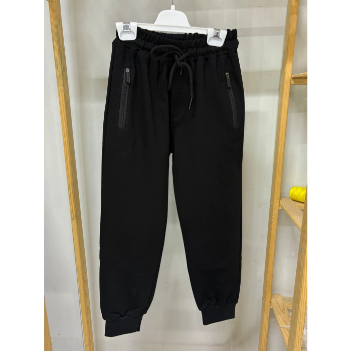 2 İp Ligralı Siyah Cepleri Fermuarlı Alttan Manşetli Çocuk Eşofman Altı