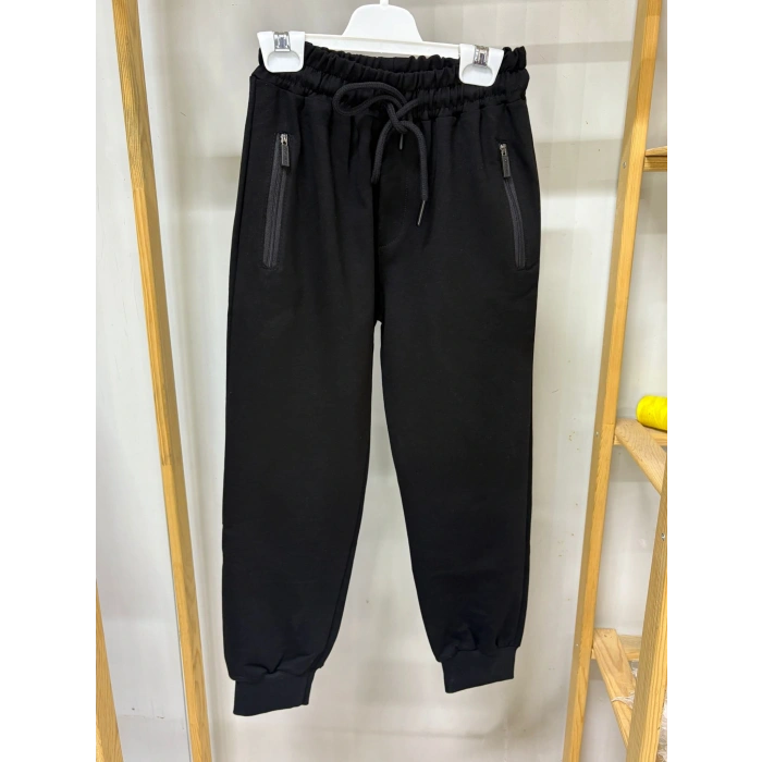 2 İp Ligralı Siyah Cepleri Fermuarlı Alttan Manşetli Çocuk Eşofman Altı