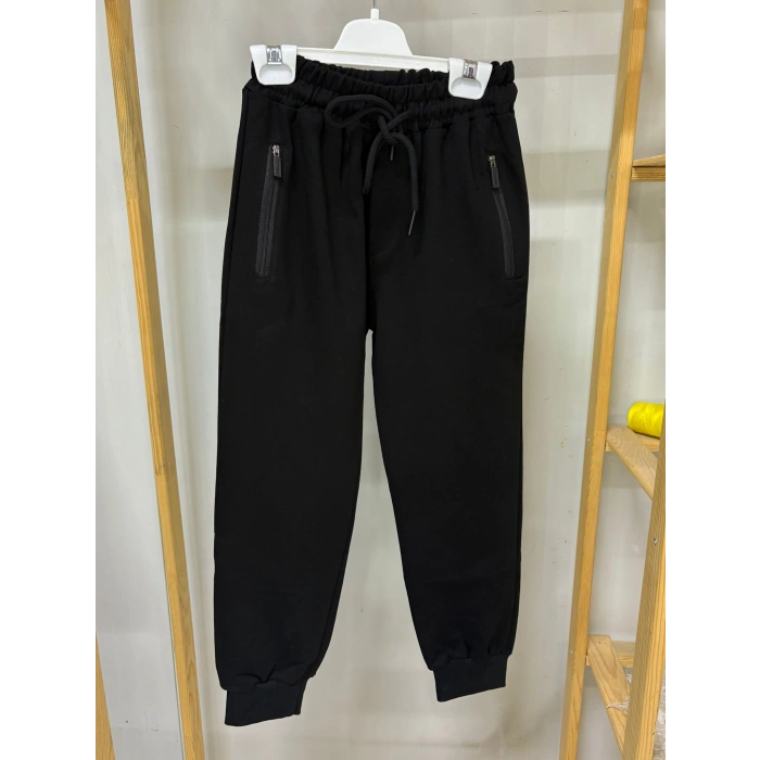 2 İp Ligralı Siyah Cepleri Fermuarlı Alttan Manşetli Çocuk Eşofman Altı