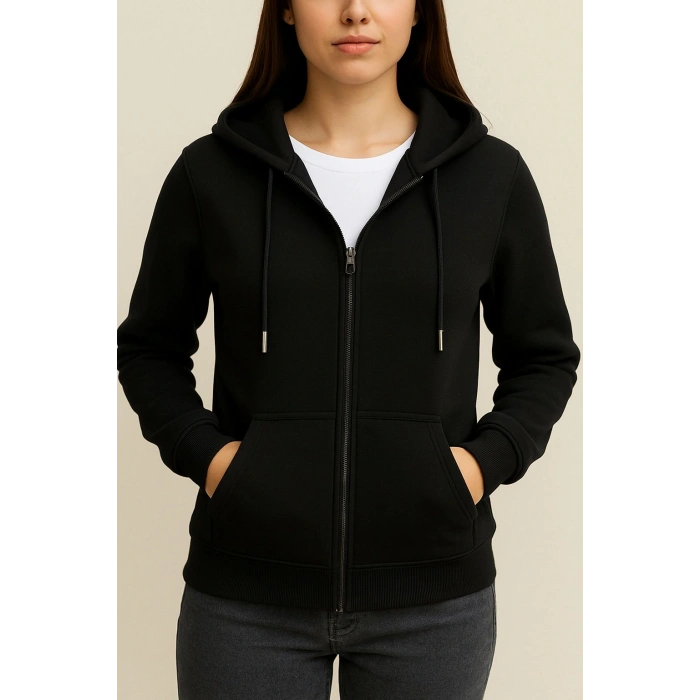 3 İp Şardonlu Kanguru Cepli Unısex Siyah Hırka