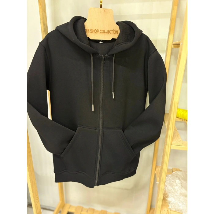 3 İp Şardonlu Kanguru Cepli Unısex Siyah Hırka