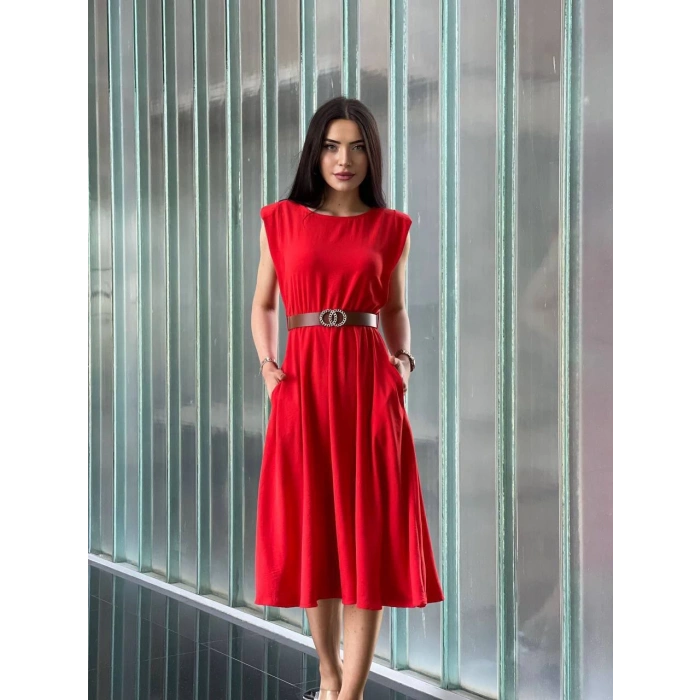 Vatkalı Aerobin Kumaş Cepli Kemerli Elbise Kırmızı