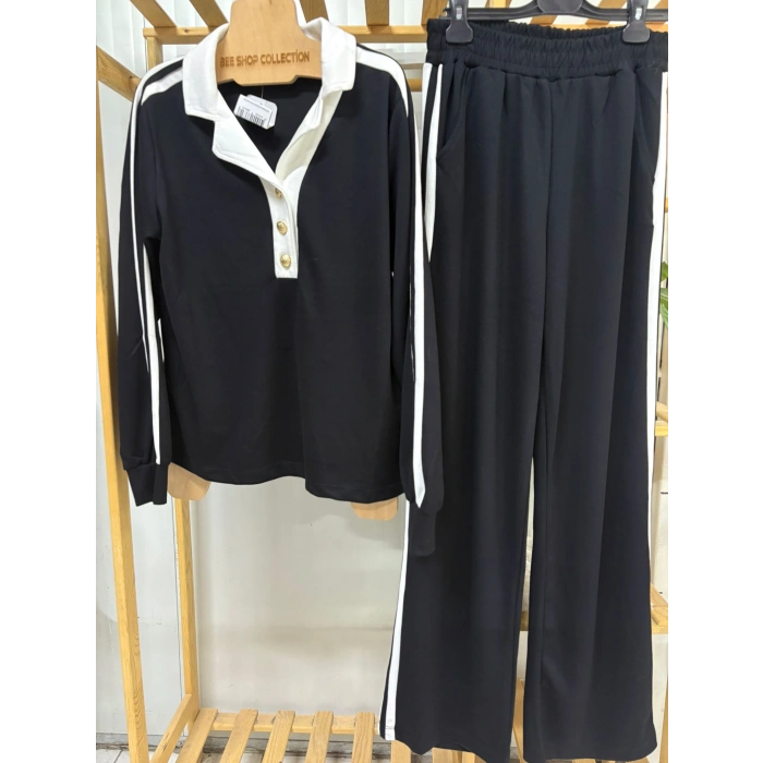 Polo Yaka Düğme Detaylı Cepli Beli Lastikli Kadın Alt Üst Takım