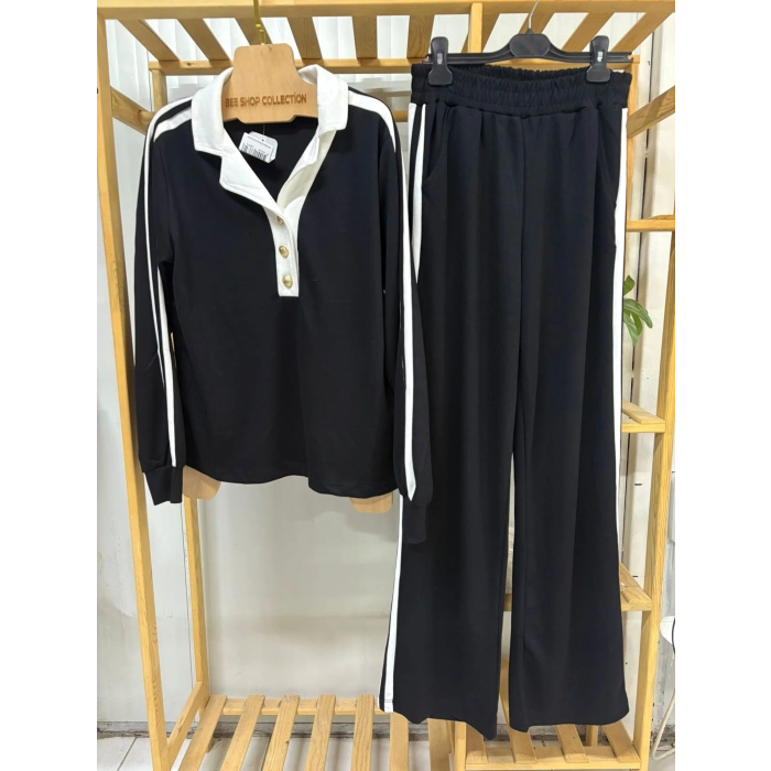 Polo Yaka Düğme Detaylı Cepli Beli Lastikli Kadın Alt Üst Takım