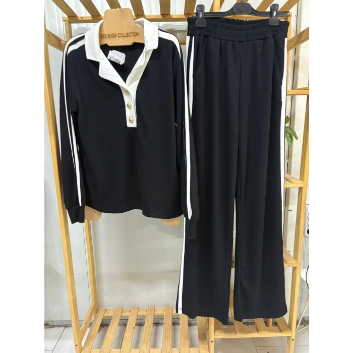 Polo Yaka Düğme Detaylı Cepli Beli Lastikli Kadın Alt Üst Takım