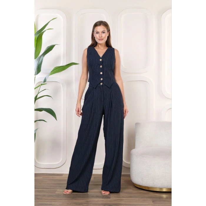 Bol Paça Pensli Pantolon Astarlo Kolsuz Yelek Takım Lacivert